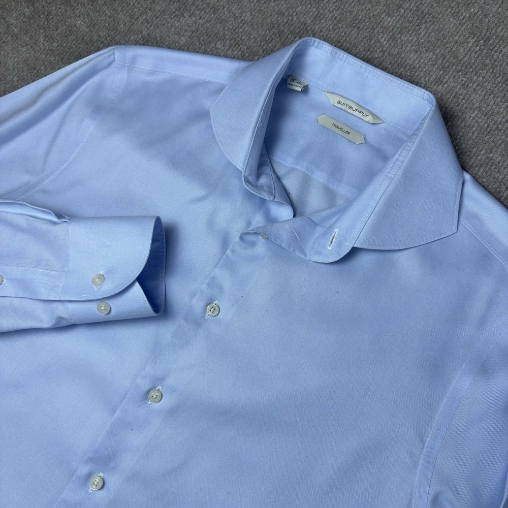SuitSupply Traveller Blue Dress Shirt Extra Slim Fit Mens 40 15.75 100% Cotton